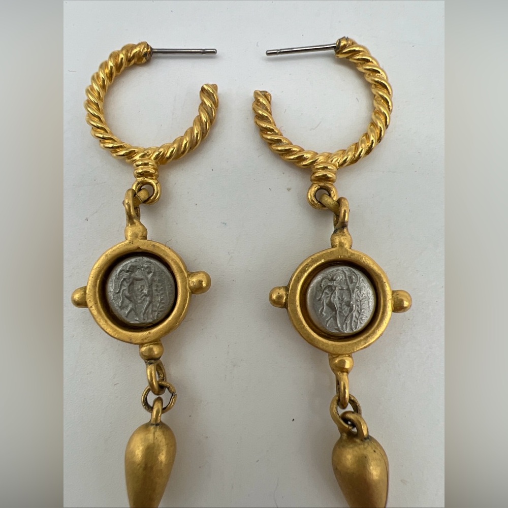 Twisted Hoop Coin Drop Earrings in Gold and Silver